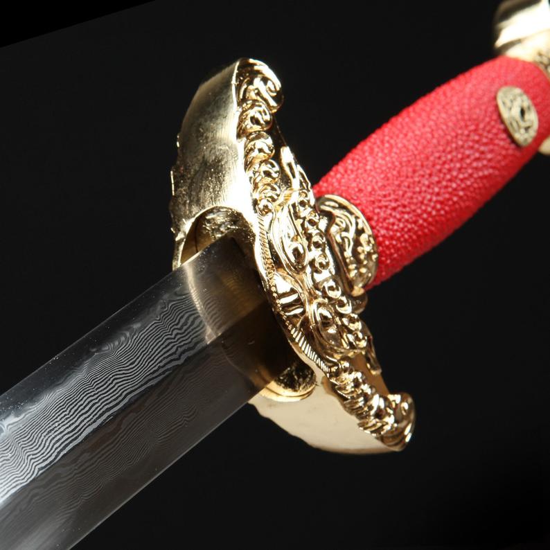 Red Rayskin Theme Handmade Damascus Steel Chinese Qing Dynasty King Swords
