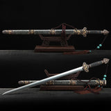 Chinesische Schwerter aus schwarzem Rochenhaut-Chinese-Drachen-Design aus Damaskusstahl, lehmgehärtet 