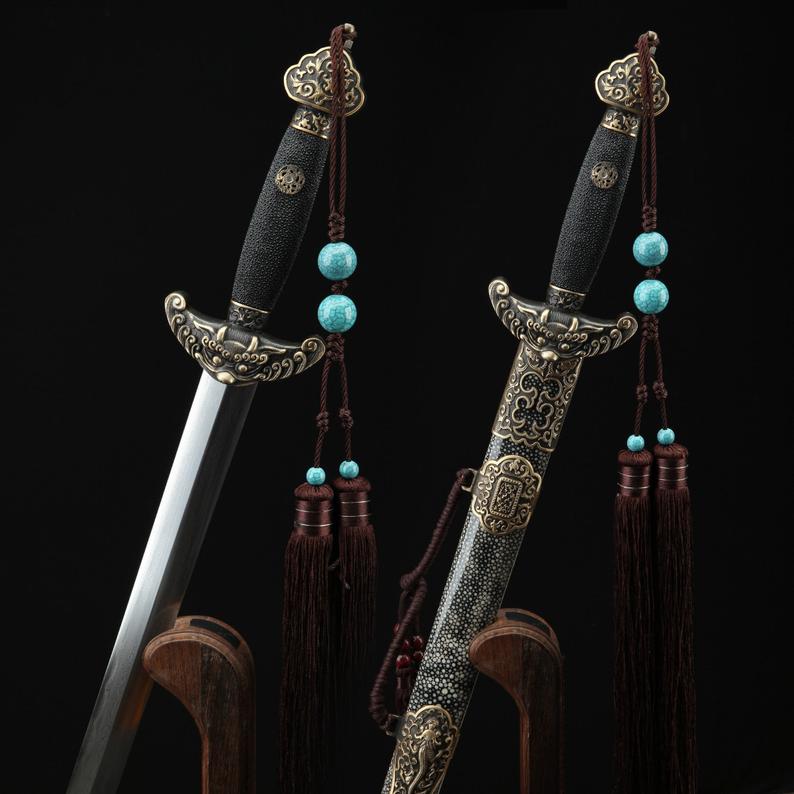 Handgefertigte Damaskus-Stahl-Rochenhaut-Full-Tang-Königsschwerter aus der chinesischen Qing-Dynastie 