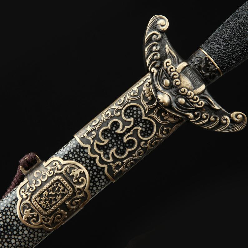 Handgefertigte Damaskus-Stahl-Rochenhaut-Full-Tang-Königsschwerter aus der chinesischen Qing-Dynastie 