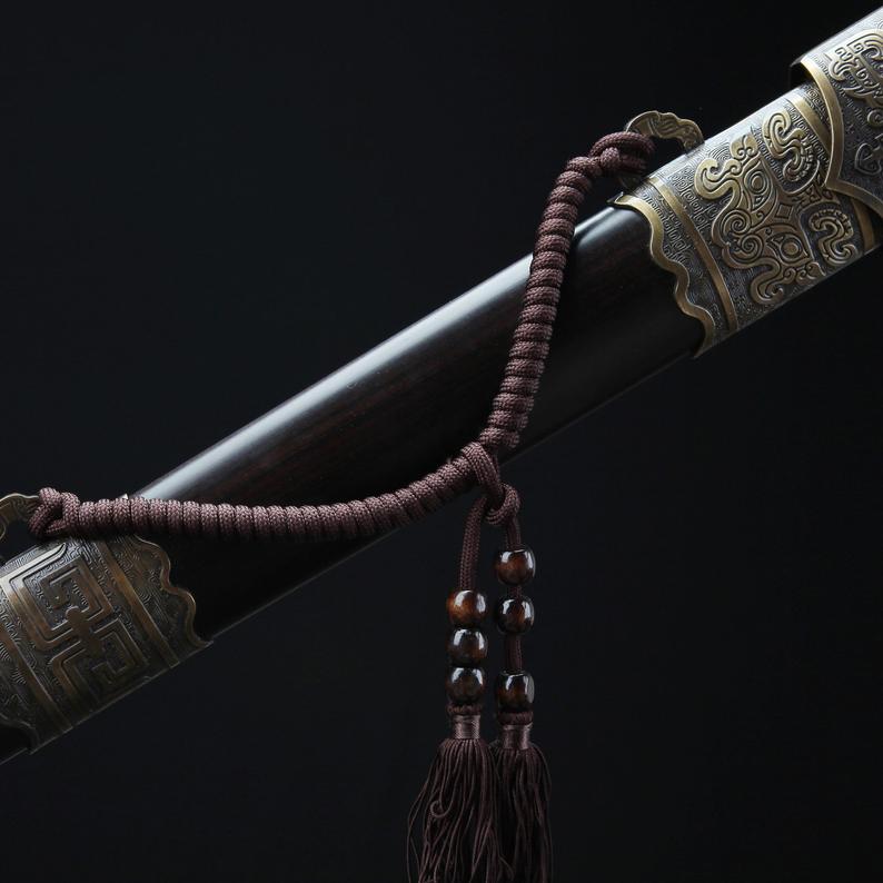 Épée Han Chinoise Longue En Bois Noir En Bronze Fait à La Main 