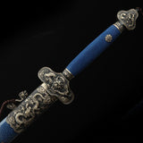 Handgefertigte echte chinesische Schwerter aus Damaststahl mit blauem Rochenhaut-Motiv und chinesischem Drachenmotiv 