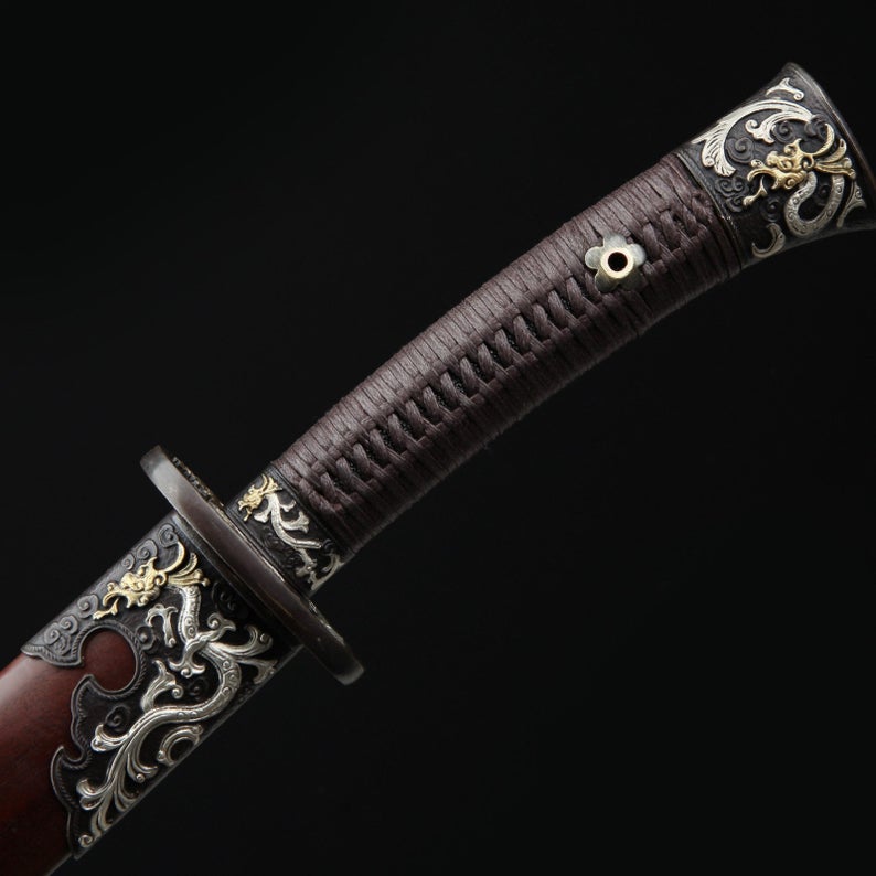 Fourreau en acier de damas sur le thème du Dragon chinois, véritable épée large chinoise en palissandre 