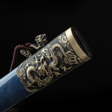 Handgefertigte echte chinesische Schwerter aus Damaststahl mit blauem Rochenhaut-Motiv und chinesischem Drachenmotiv 