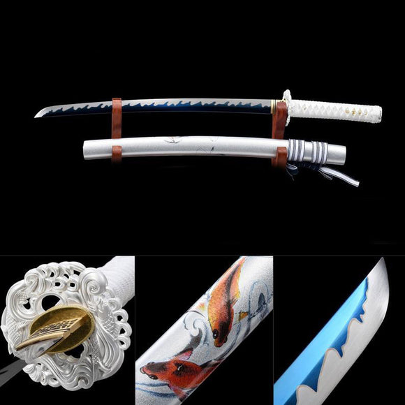 Handgefertigte echte japanische Wakizashi-Schwerter aus hochwertigem Manganstahl mit blauer Klinge und weißer Scheide 