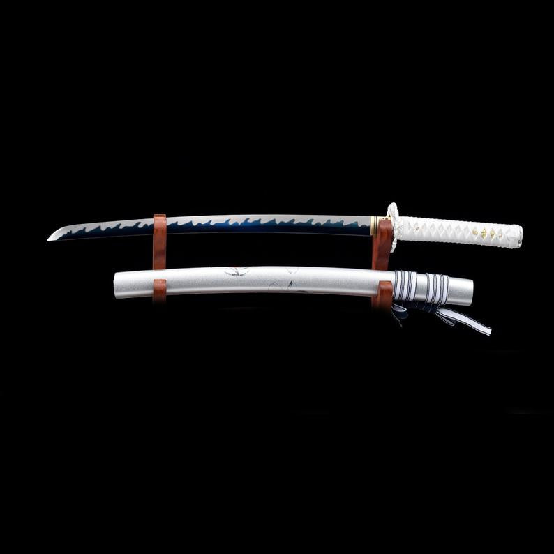 Handgefertigte echte japanische Wakizashi-Schwerter aus hochwertigem Manganstahl mit blauer Klinge und weißer Scheide 
