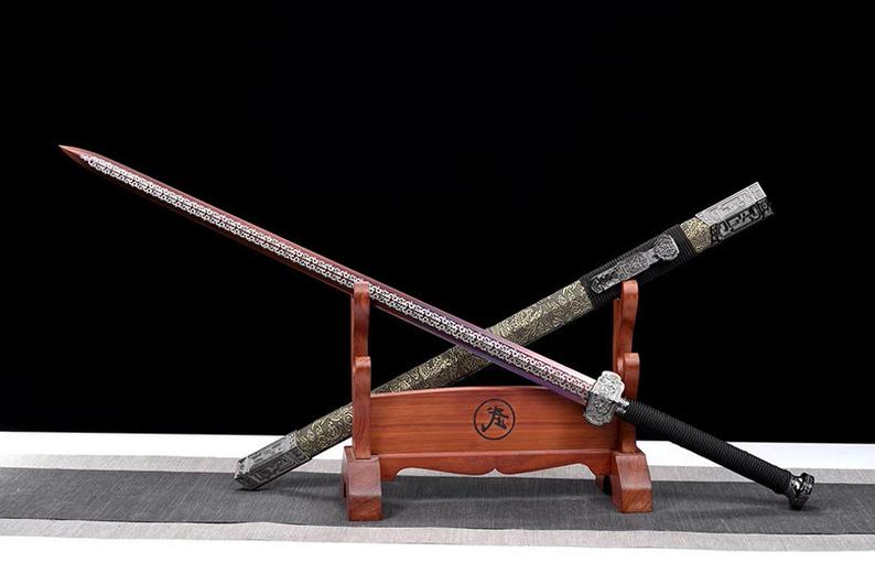 Épée chinoise faite à la main de la dynastie Han, lame violette en acier à haute teneur en manganèse 