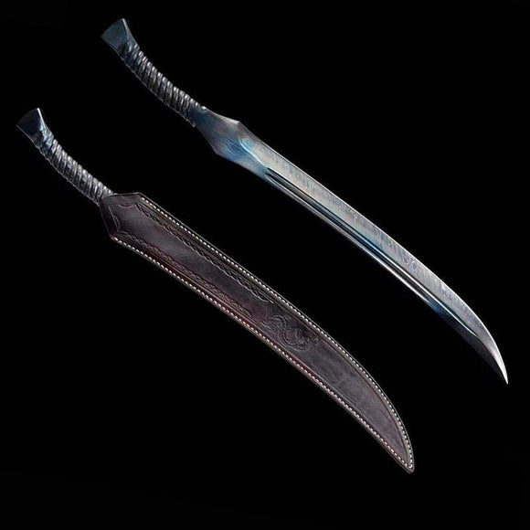 Handgefertigtes echtes Schwert der Qin-Dynastie, chinesische Schwerter, Damaststahl, blaue Klinge, Rindslederscheide 