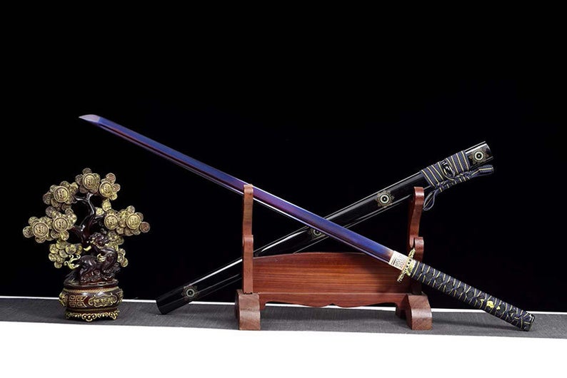 Handgefertigte japanische Schwerter Samurai Katana echtes Schwert 1045 Kohlenstoffstahl Ninjato blaue Klinge Geisteraugen 