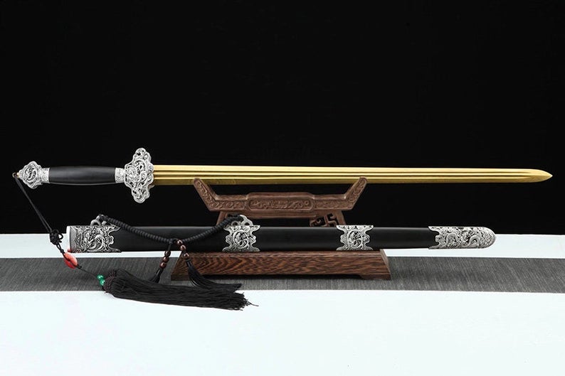 Épée chinoise faite à la main de la dynastie Qin, lame dorée en acier à haute teneur en manganèse, fourreau en ébène 