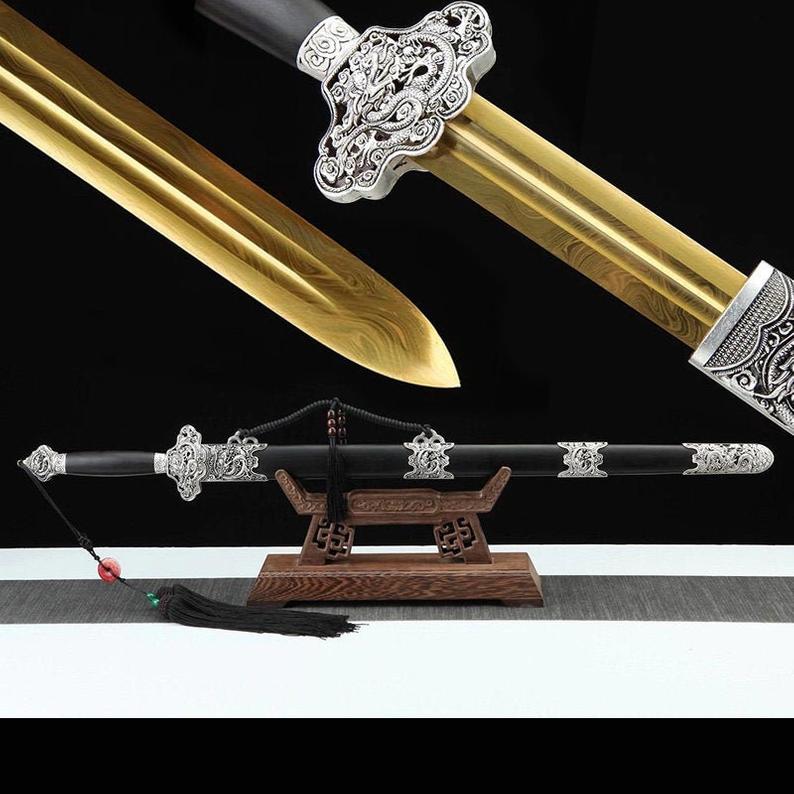 Épée chinoise faite à la main de la dynastie Qin, lame dorée en acier à haute teneur en manganèse, fourreau en ébène 