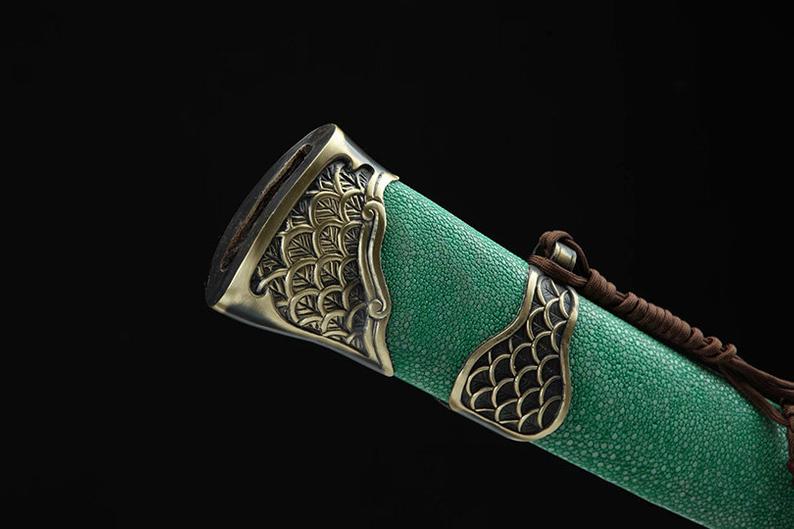 Véritable épée chinoise de la dynastie Qin, faite à la main, en acier damas avec fourreau vert, de haute qualité 