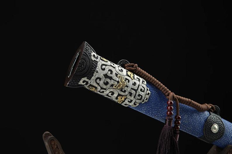 Handgefertigtes echtes Schwert aus der Qin-Dynastie, chinesische Schwerter aus Damaststahl mit blauer Scheide, hohe Qualität 