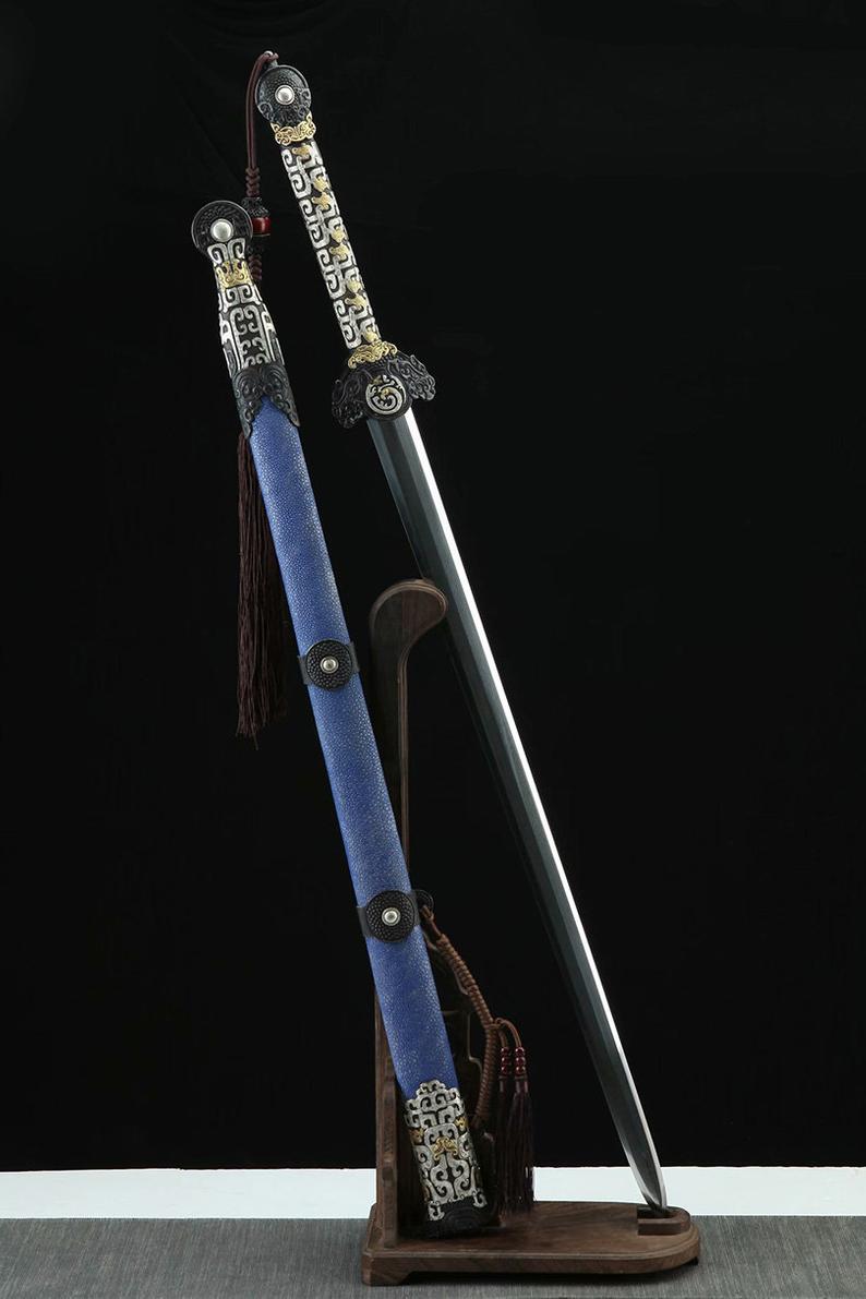 Véritable épée chinoise de la dynastie Qin, faite à la main, en acier damas avec fourreau bleu, de haute qualité 