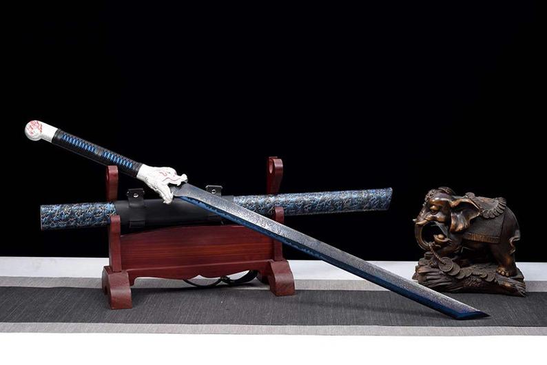 Épées chinoises faites à la main de la dynastie Tang, véritable épée de haute qualité en acier à haute teneur en manganèse, lame bleue pleine Tang 