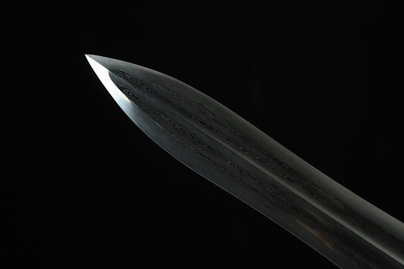Véritable épée chinoise faite à la main, en acier damas avec fourreau en cuir de haute qualité 