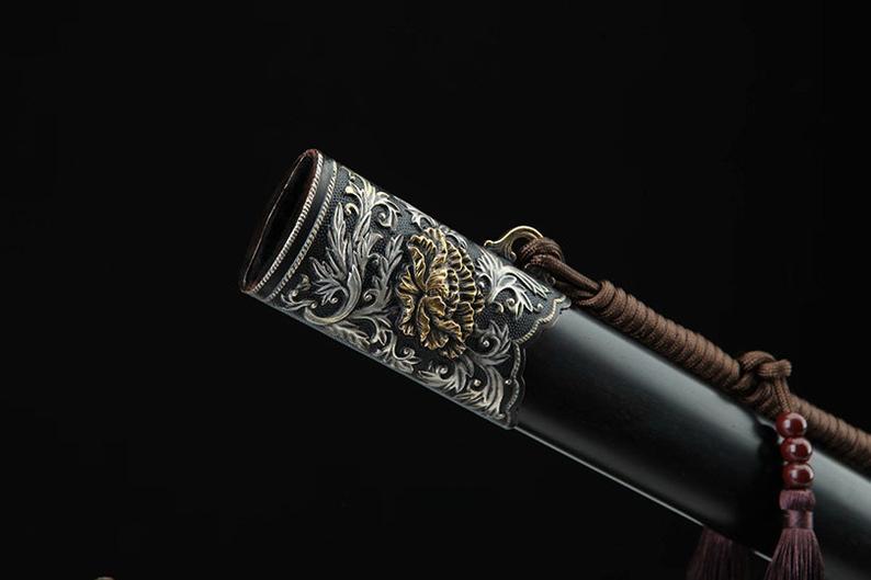 Handmade Real Sword Qin Dynasty Chinese Swords Damascus Steel With Ebony Scabbard High Quality Peony Copper Carving