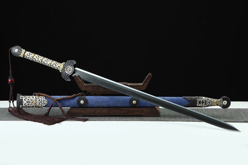 Véritable épée chinoise de la dynastie Qin, faite à la main, en acier damas avec fourreau bleu, de haute qualité 