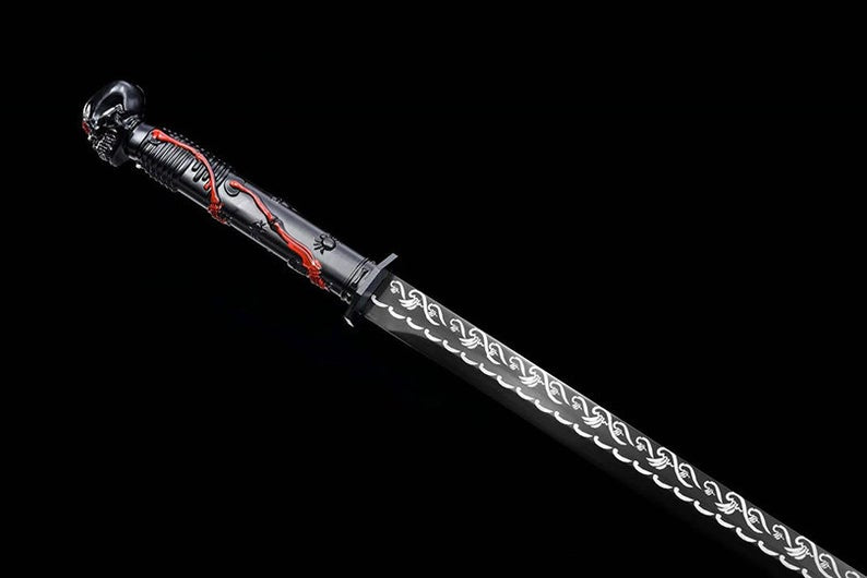Handmade Real Sword Tang Dynasty Chinese Swords Dao High Manganese Steel Black Blade Skull