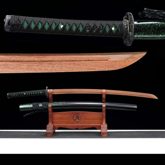 Handgefertigte japanische Samurai-Katana-Schwerter aus Holz mit hochwertiger Palisanderklinge und grüner Scheide 