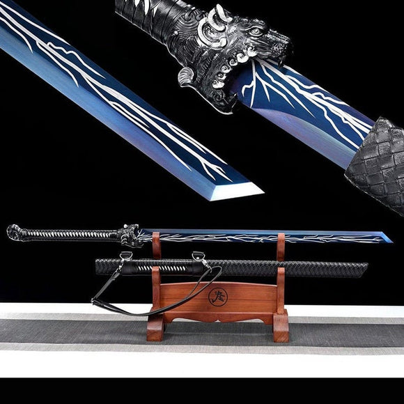 Handgefertigte chinesische Schwerter aus der Tang-Dynastie, hochwertiges echtes Schwert, hoher Manganstahl, Dao Full Tang, blaue Klinge, Tiger 