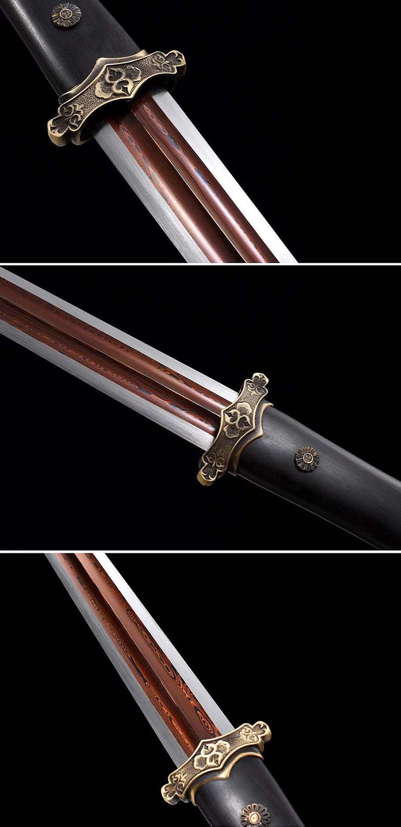 Épées chinoises faites à la main de la dynastie Tang, véritable épée de haute qualité, en acier damas, fourreau en ébène aiguisé 