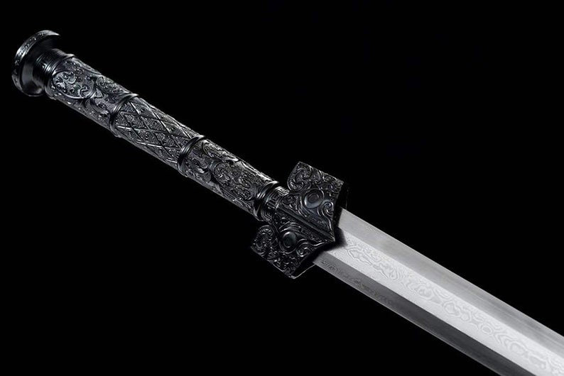 Épées chinoises faites à la main de la dynastie Han, véritable épée de haute qualité, en acier damas, fourreau en ébène aiguisé 