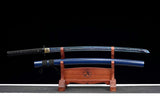 Handgefertigte japanische Katana-Samurai-Schwerter. Hochwertiges Schwert aus hochmanganhaltigem Stahl mit voller Tang-blauer Klinge 