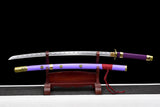 Einteilige handgemachte Katana Roronoa Zoro Katana japanische Samuraischwerter, echte Klinge, lila Scheide, voller Tang 