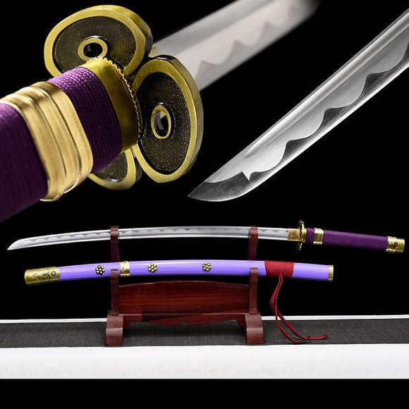 Einteilige handgemachte Katana Roronoa Zoro Katana japanische Samuraischwerter, echte Klinge, lila Scheide, voller Tang 